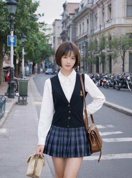 07066-3815683835-The image depicts a young woman dressed in a school uniform consisting of a white blouse, dark blue checkered skirt, and a black.png